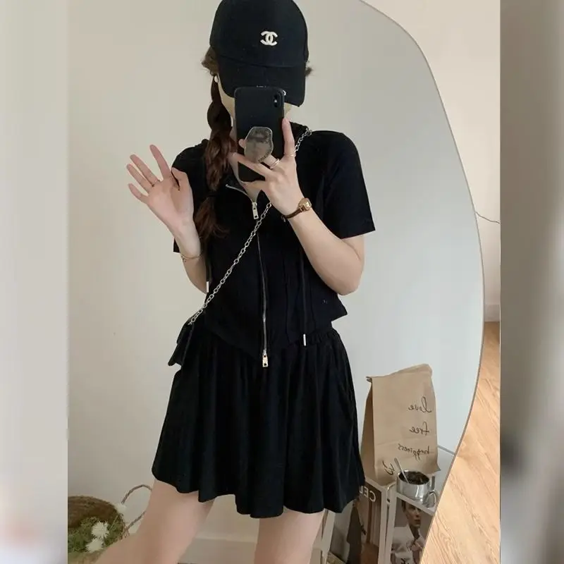 Women Sporty Slim Hooded Zipper Sweatshirts Shorts Skirts Two Piece Sets Korean Lady Short Sleeve Tops Solid Pants Outfits 2024