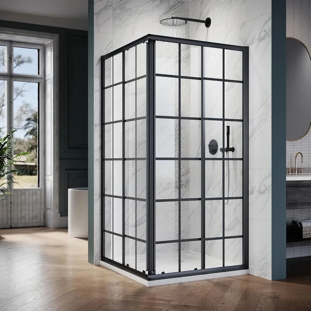 

Corner Showers Door 34 in.D X 34 in. W X 72 in. H, Enclosure with Shower Base, with 1/4" Tempered Glass Shower Doors