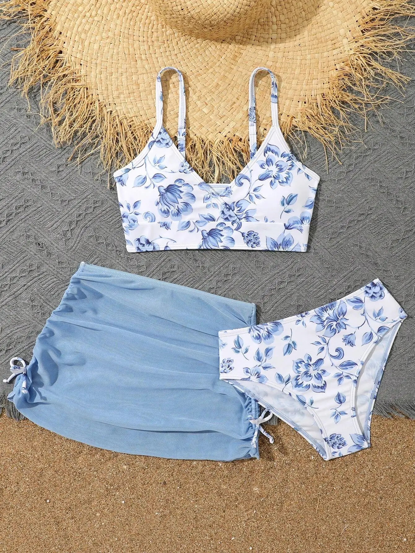 

Blue Floral Print Bikini Set With Drawstring Skirt Beach Swimwear For Women