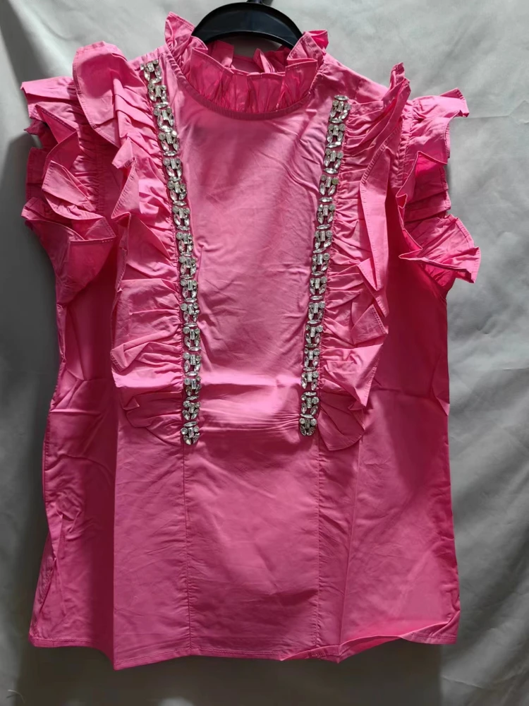 Dames Mouwloos Shirt Roze Top Met Studs Strass Kralen Top Ruches Patchwork Blouse 2024 Lente Zomer Blusas Mujer