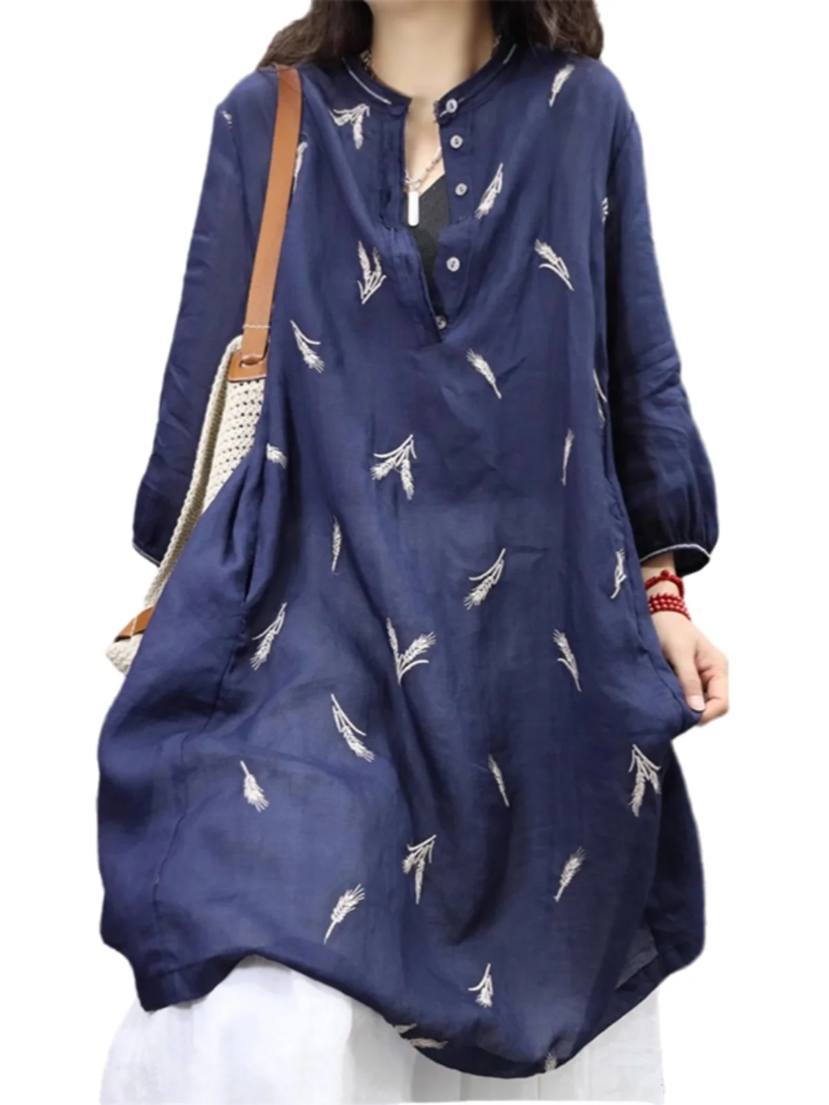 Женский летний свободный повседневный легкий солнцезащитный топ средней длины из хлопка и льна с вышивкой в стиле ретро Seven Sve irt