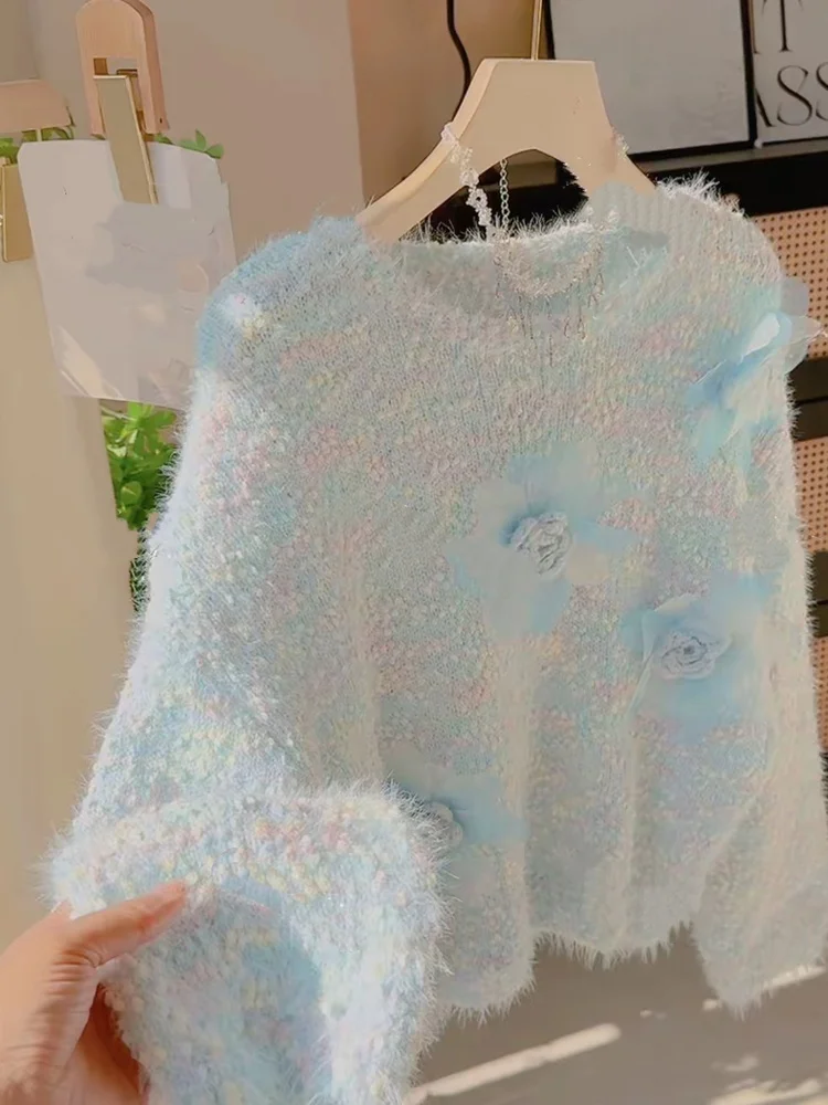 ソフトパープルセーター レディース 秋冬 花柄デザイン センセーション ミンク風ニットトップス スイートジェントル スレ ロングスリーブ...