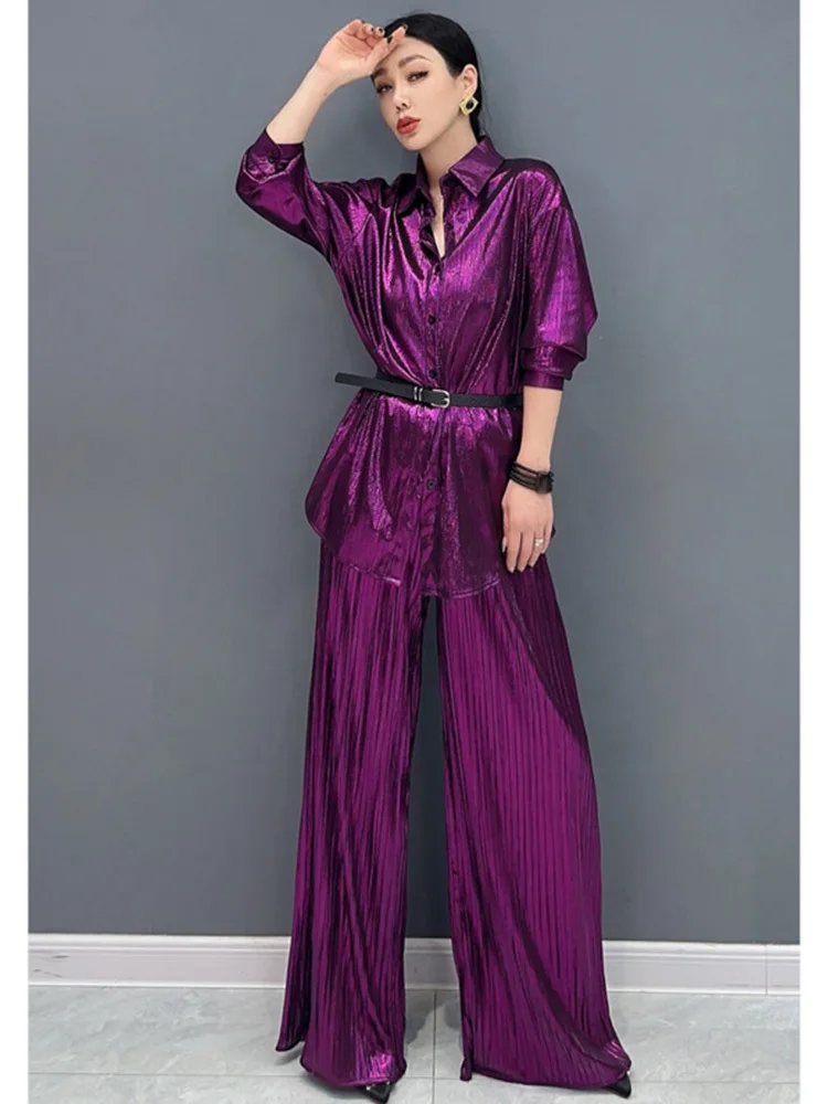 Vefadisa 2024 Summer New Purple Gold Women Sets Glossy Pleated Long Shirt With Belt Wide Leg Pants Two Piece Sets Fashion HLX351