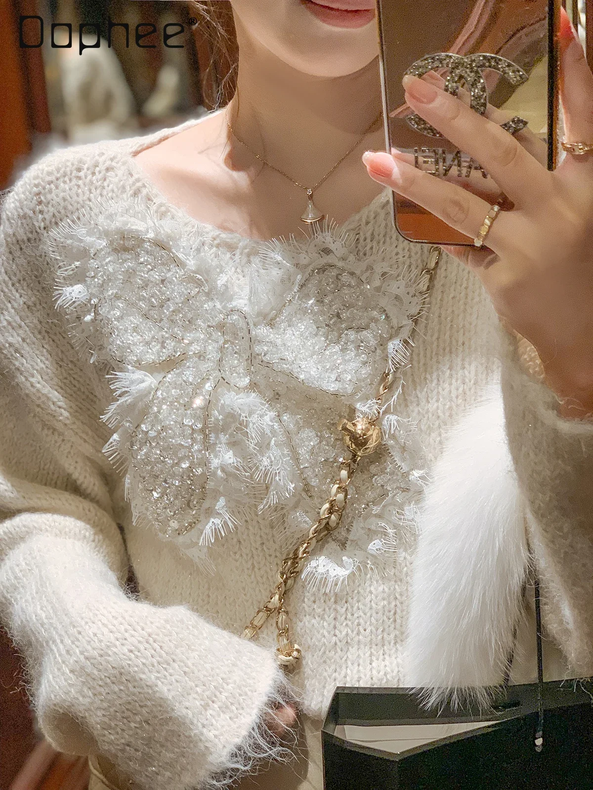 Beading Bow Sweater Women 2024 Autumn Fashion Loose Round Collar Long Sleeve Knitted Pullovers Korean Style Sweet All Match