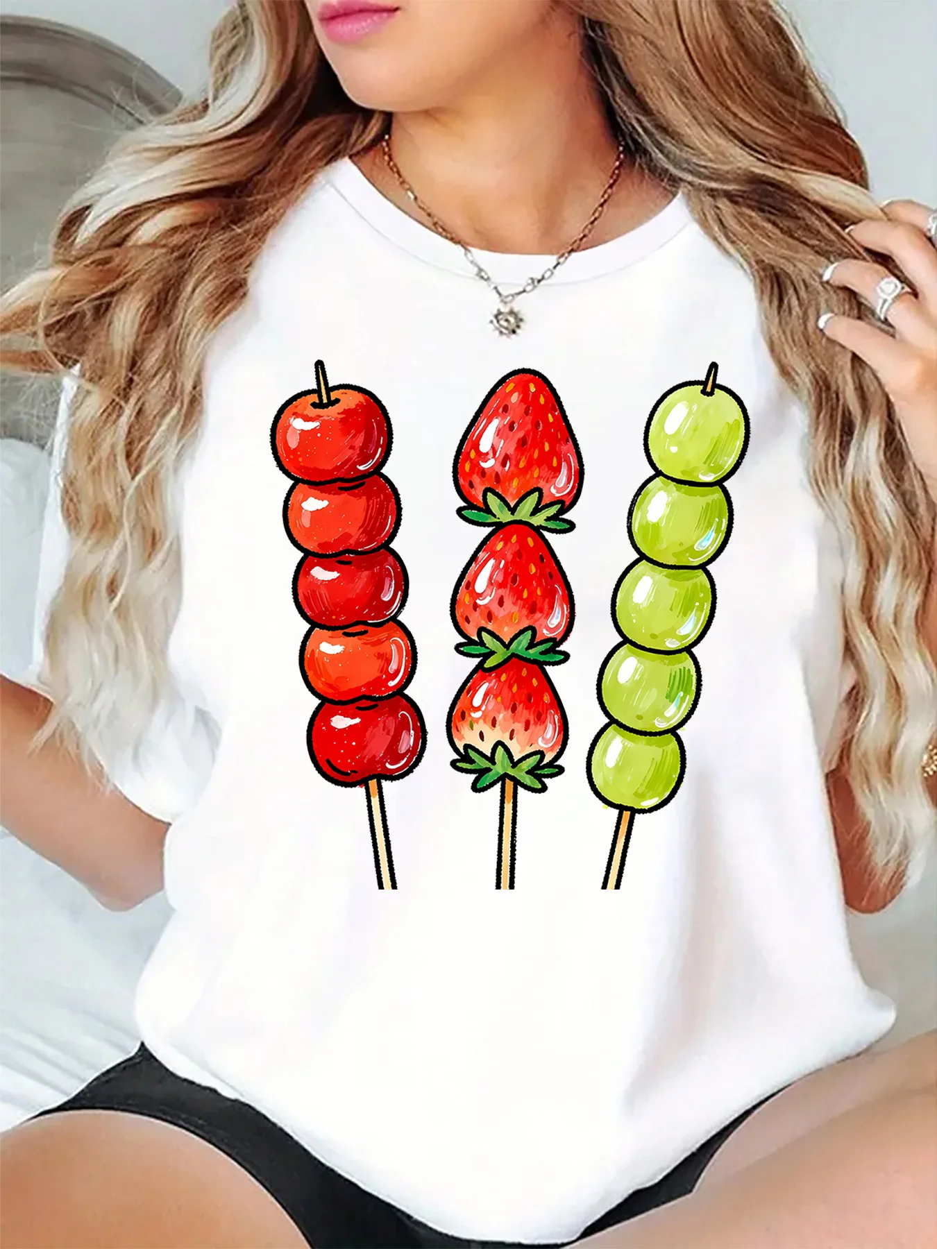 Colorful Candied Fruit Skewers Cartoon Graphic Womens T Shirt Short Sleeve Crew Neck Sweet Snack Casual Daily Ladies Tee Tops
