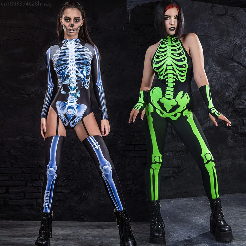 Комбинезон с 3D принтом в стиле киберпанк и черепом, женский тонкий боди со скелетом, женский комбинезон на Хэллоуин, фестиваль, вечеринка, клубная одежда