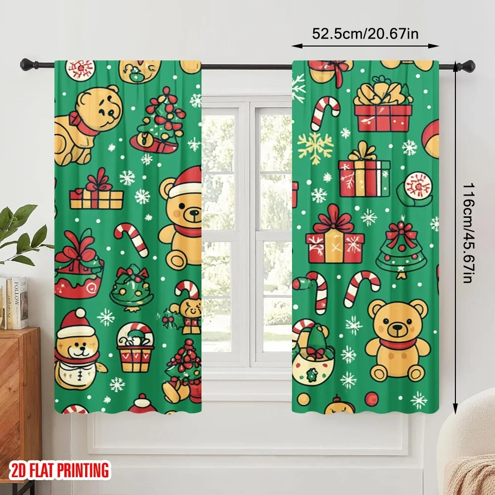 2pcs,2D plane printing Curtain Fabric Christmas Teddy Bear Gifts Trees (2) Versatile Polyester (without rod) Decorations Outdoor