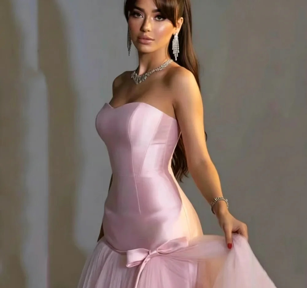 Exquisite Pink Strapless Prom Gown A-line Satin/Tulle Sleeveless Evening Party Dresses Rose Banquet Party Dress for Women