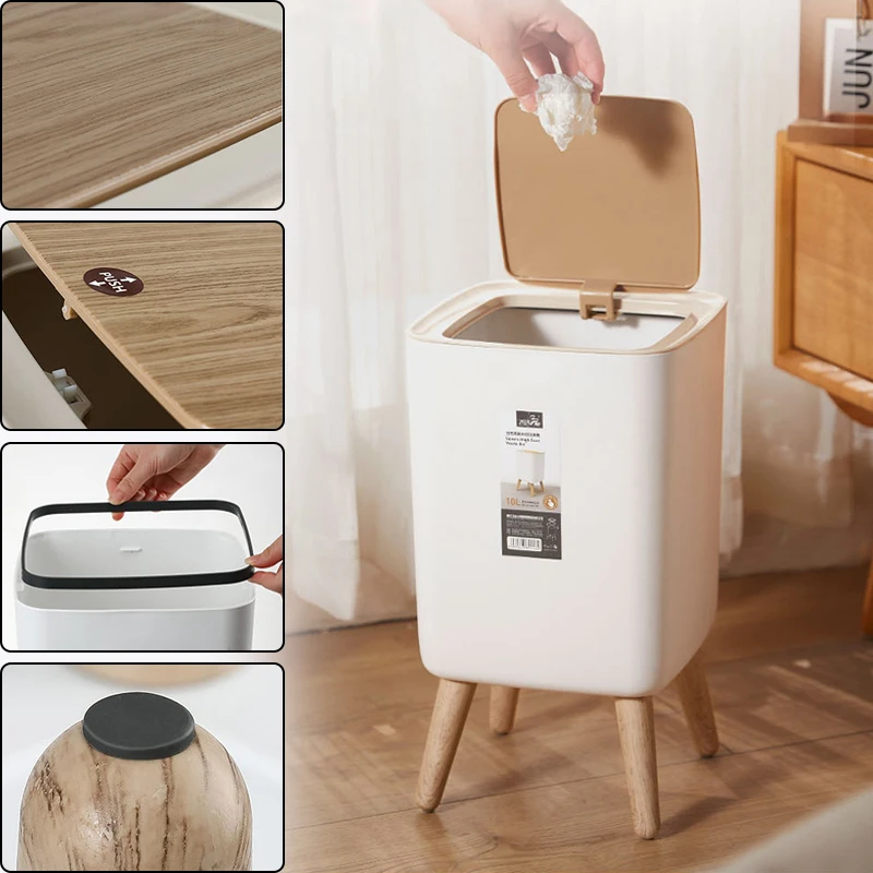 10L High Foot Trash Can Plastic Desktop Press Cover Dustbin Square Trash Bin Living Room Toilet Kitchen Garbage Bucket