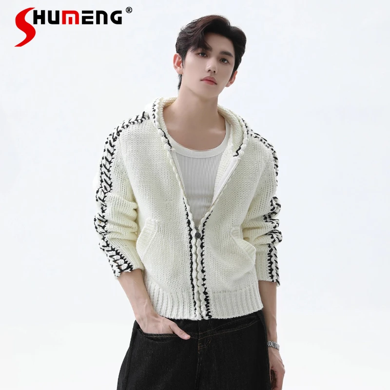 

Men's 2025 Autumn New Contrast Color Knitwears Male Chic Embroidered Hooded Knitted Cardigan Elegant Long Sleeve Sweater Jackets