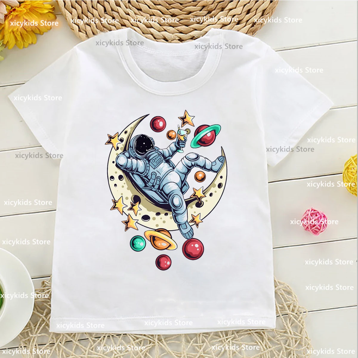 New Boys T-Shirt Anime Space Astronaut Moon Graphic Print Tshirt For Kids Fashion Trend Cute Kids Clothes White O-Neck Shirt Top