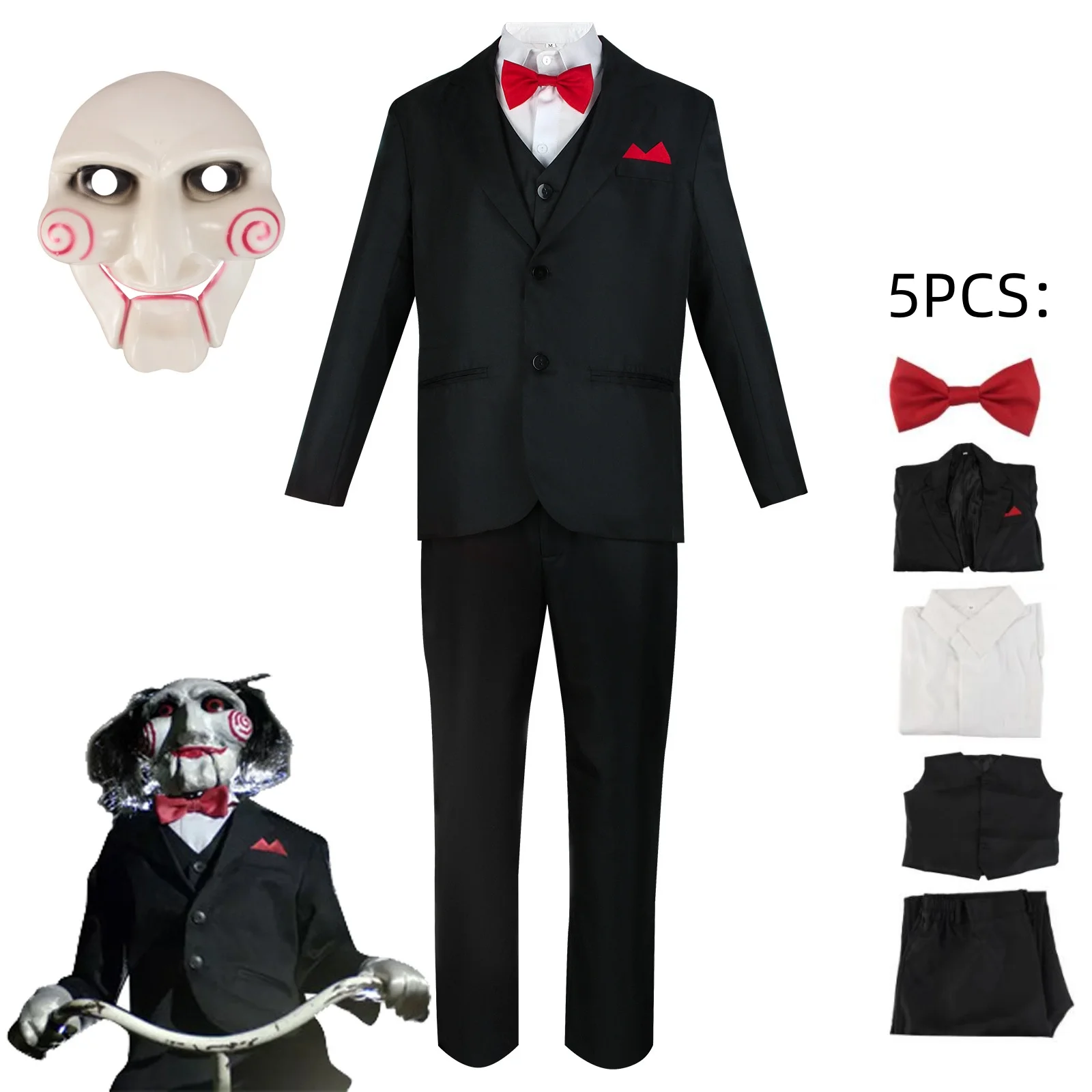 Movie Saw Billy Jigsaw Killer Cosplay Costume Killer Horror Doll Uniform Men Black Suit Jacket Shirt Pants Mask Halloween Unisex