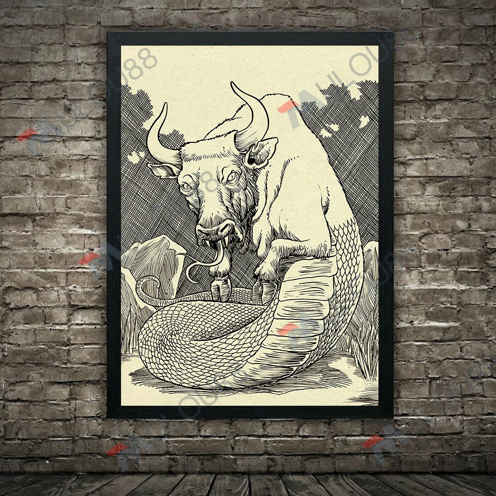 Half Ox,Half Snake Monster And Half Horse,Half Chicken Critter,Vintage Wall Art Print Giant Dog Bird,Magic Creature Art Poster