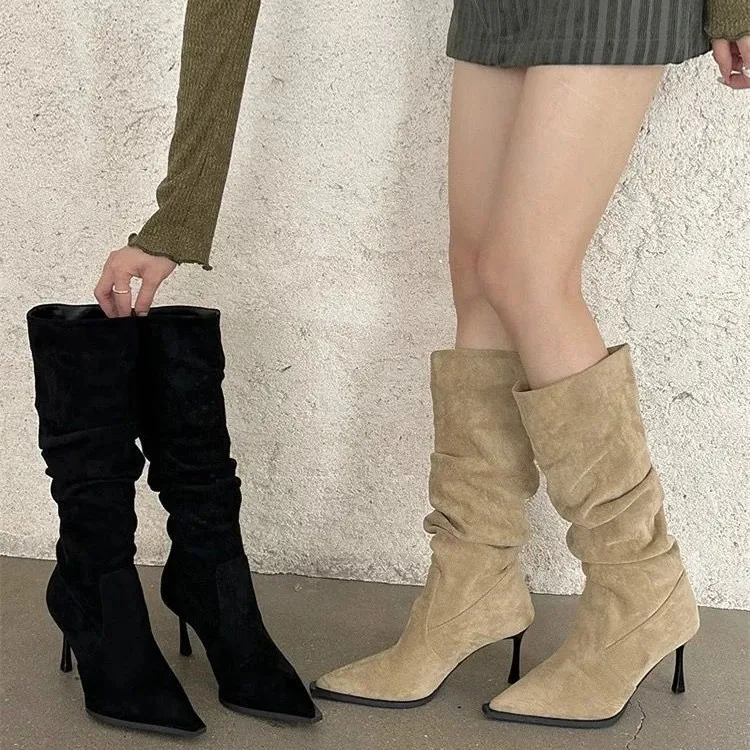Western pile pointed boots  knight cowboy boots  autumn and winter long boots versatile for women