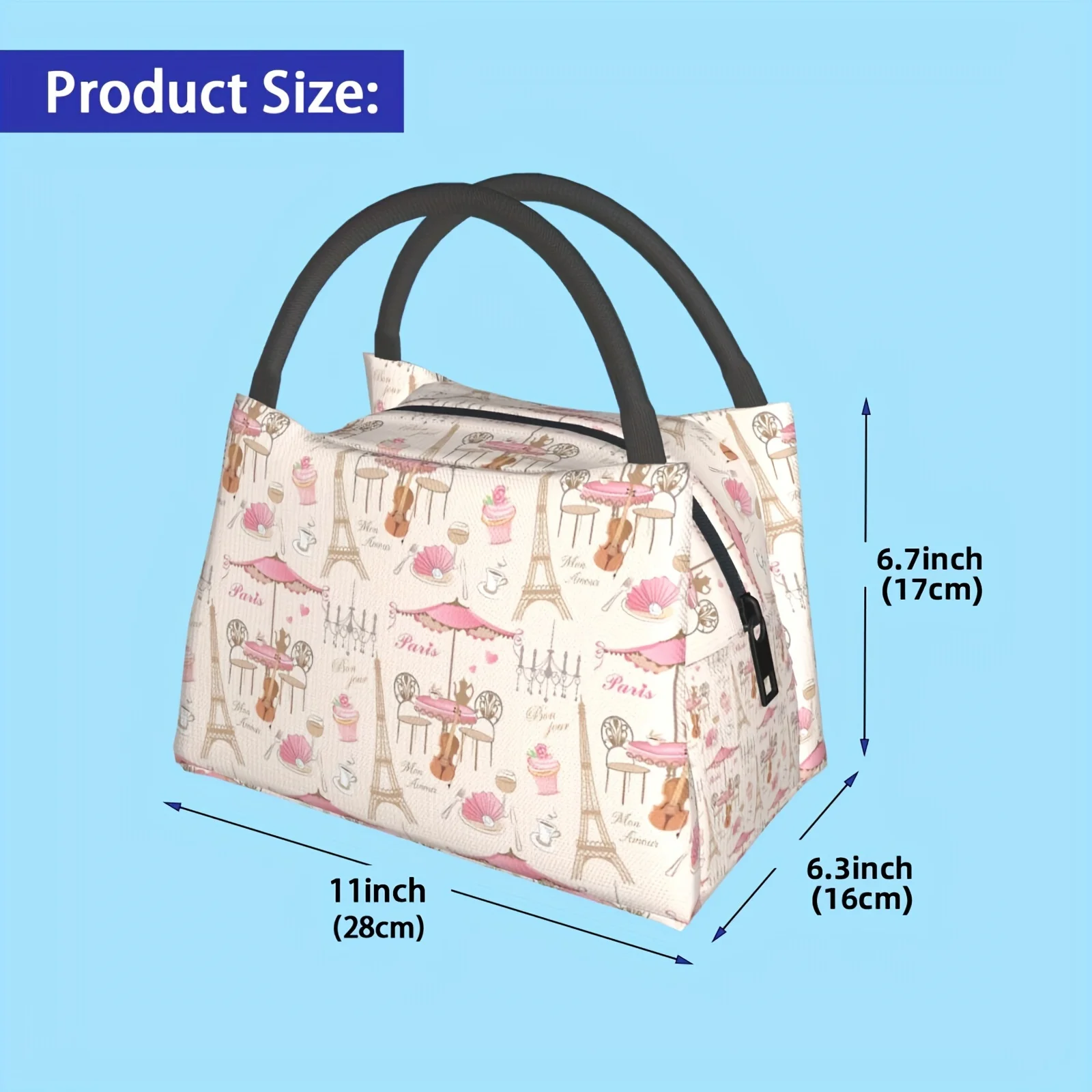 Sac à déjeuner en polyester délavé à la main avec une tour Eiffel de Paris romantique, refroidisseur isolé rectangulaire sur le thème de l'anime