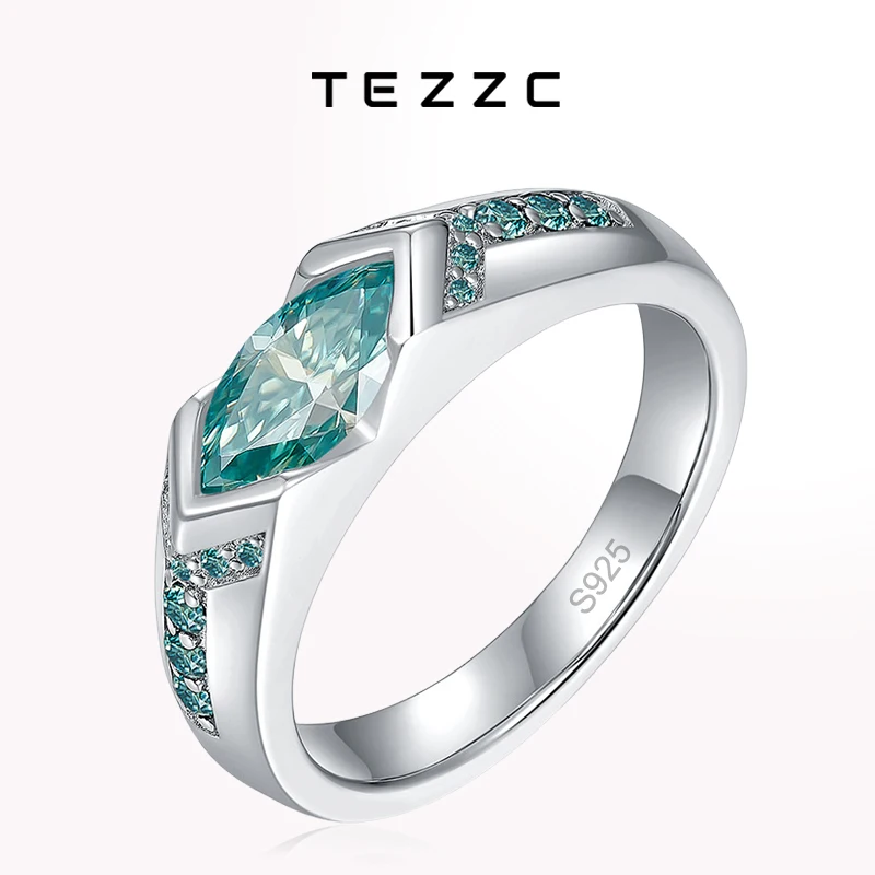 Tezzc Full Green Moissanite Rings Marquise Shaped Ring for Women 925 Sterling Silver Engagement Promise Wedding Classic Band