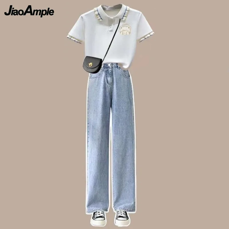 Women\'s Tracksuit 2024 Summer New Loose Polo Neck Short Sleeve Top Pants Matching Set Korean Chic Cute T-shirt Trousers 2 Piece