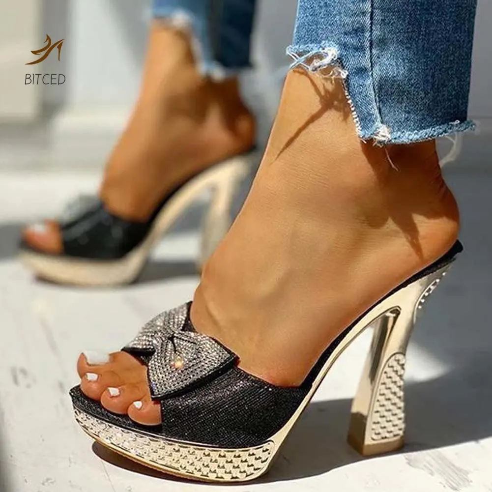 Trendy Fashion Female Bowknot Sexy Slippers 2022 Summer Slippers Women Platform Crystal Thick High Heels Shoes Woman