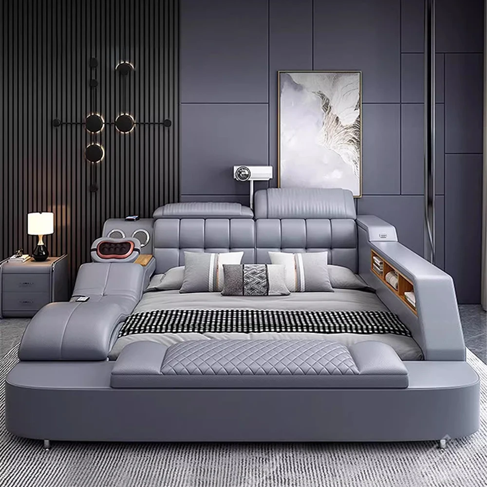 

Linlamlim Luxury King Size Genuine Leather Bed / Tech Smart Bed / Multifunctional Ultimate Beds / Massage Bed with USB,Projecter