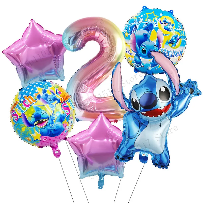 6pcs Disney Lilo & Stitch Balloons Number Balloon Set Cartoon Stitch Angel Birthday Party Decorations Baby Shower Kids Toy Gifts