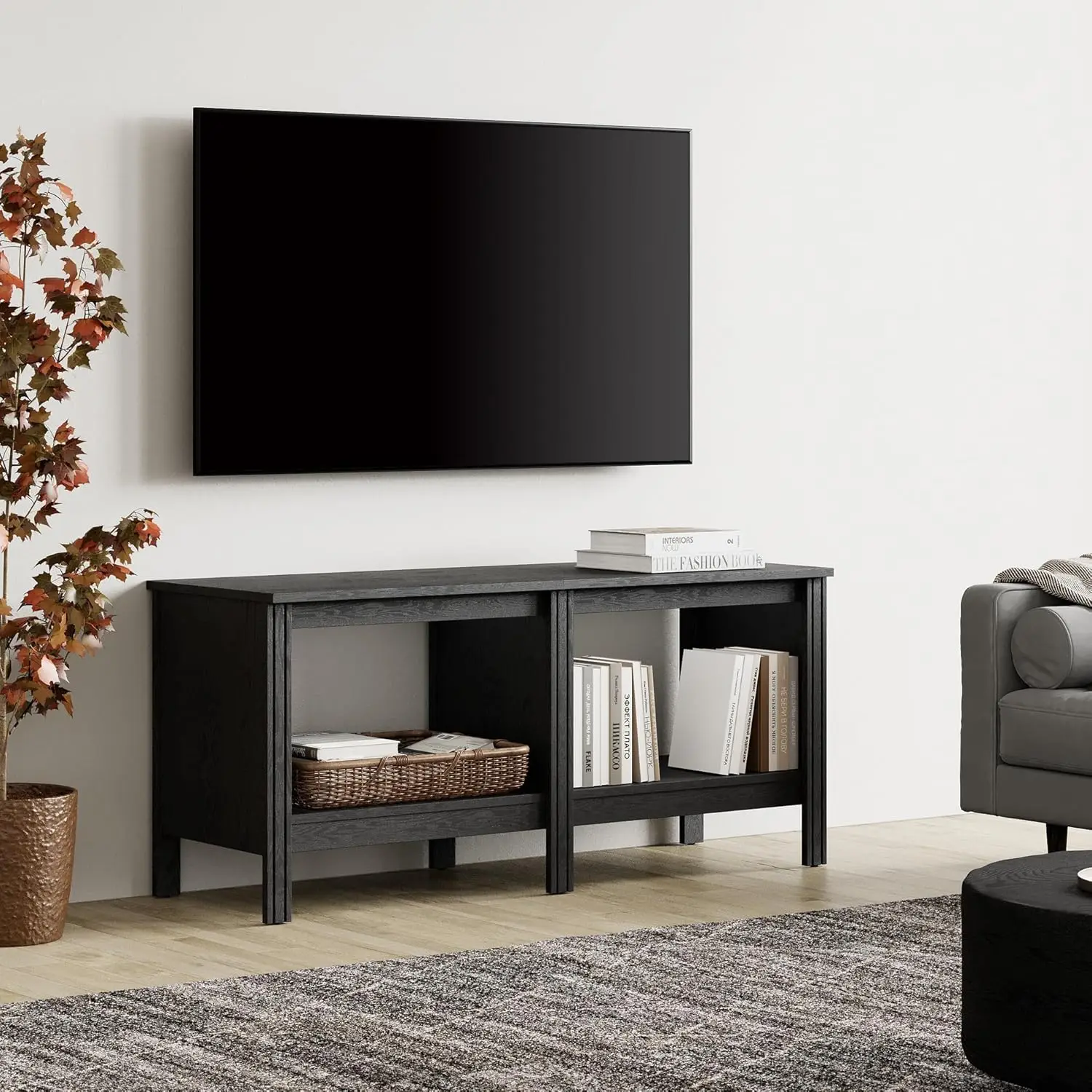 طاولة وحدة تحكم بحامل تلفزيون خشبي لأجهزة التلفاز بشاشة مسطحة مقاس 55 بوصة مع 4 مكعبات تخزين، 47 بوصة باللون الأسود لغرفة المعيشة أو غرفة النوم