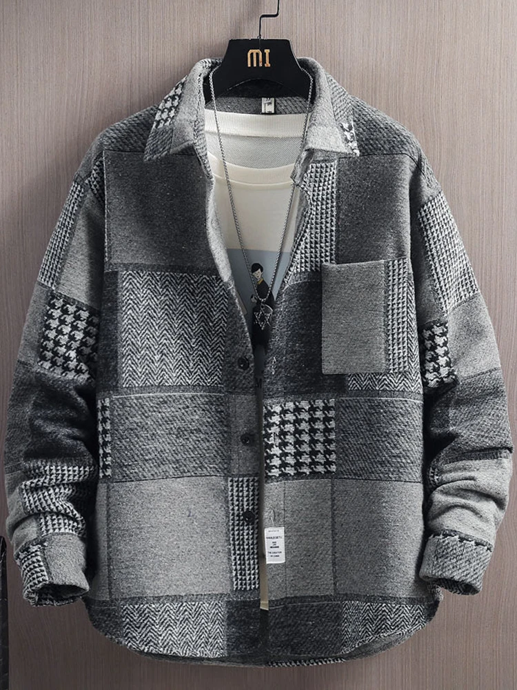 

Sli irt Sle Jaet Men's Spring Autumn Plaid Outerwear Trendy Brand Youthful Polyester Cotton Blend Button Decor