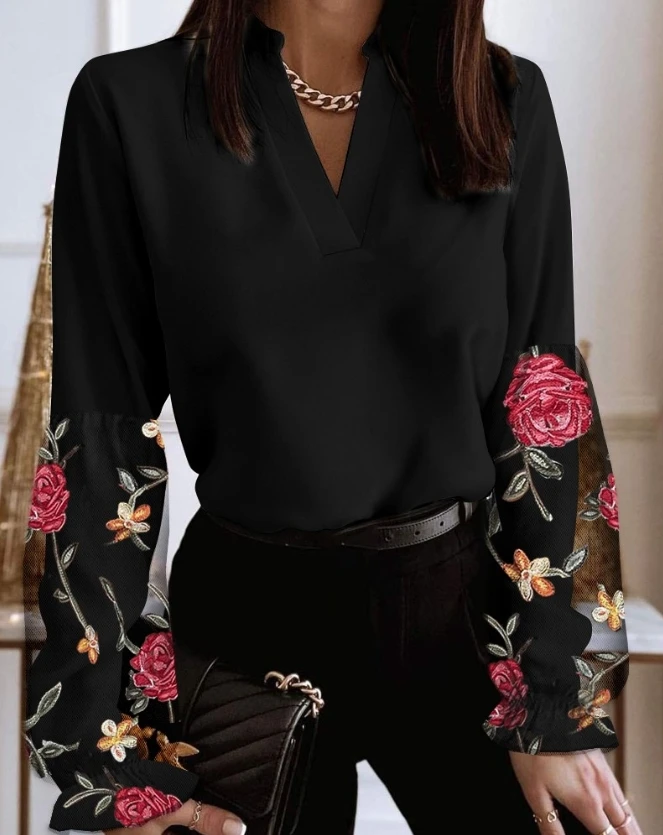 

V-Neck Top 2023 New Fashion Hot Selling Long Sleeve Flower Embroidery Mesh Panel Cover Headwear Casual Black