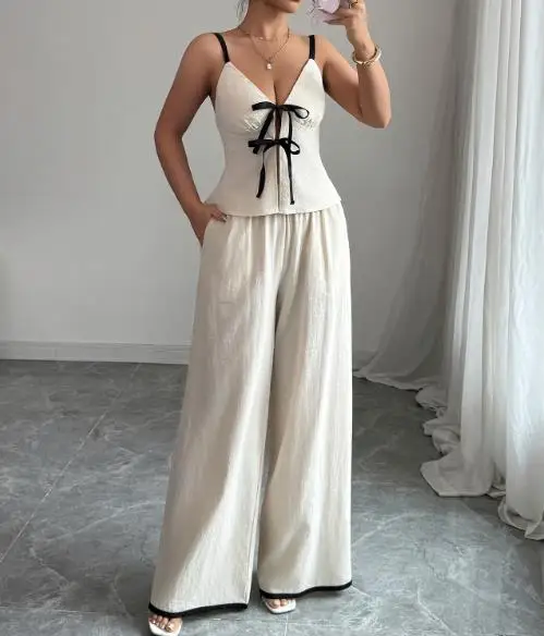 

Women's Clothing Summer 2025 Fashion Style Elegant Two-Piece Set Elegant Temperament Camisole Vest Wide Leg Pants Two-Piece Set