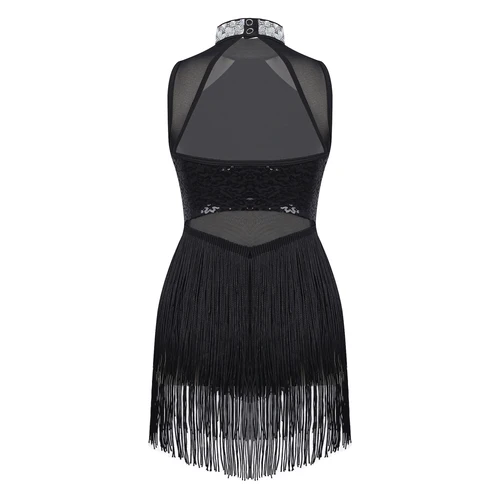 Imagen 2 del producto Vestido de baile de Ballet de Jazz con diamantes de imitación brillantes para niñas, cuello decorado, lentejuelas, malla, dobladillo de borla, leotardos de baile, vestido de actuación de baile