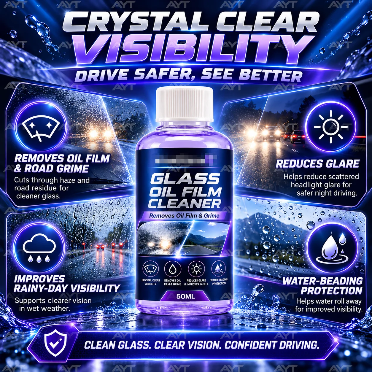 7pcs Car Glass Oil Film Remover Windshield Cleaner Car Window Cleaning Liquid Streak Free Glass Care Car Wash Detailing Supplies