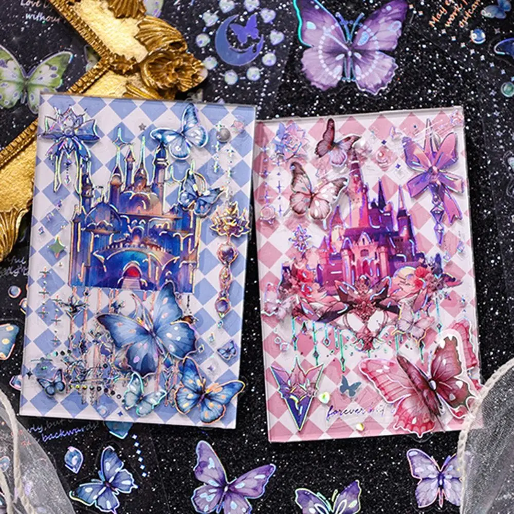 6 Pcs/Set PET Crystal Laser Butterfly Stickers Delicate Waterproof Hand Ledger Sticker Vintage DIY Scrapbooking Handbook Decal
