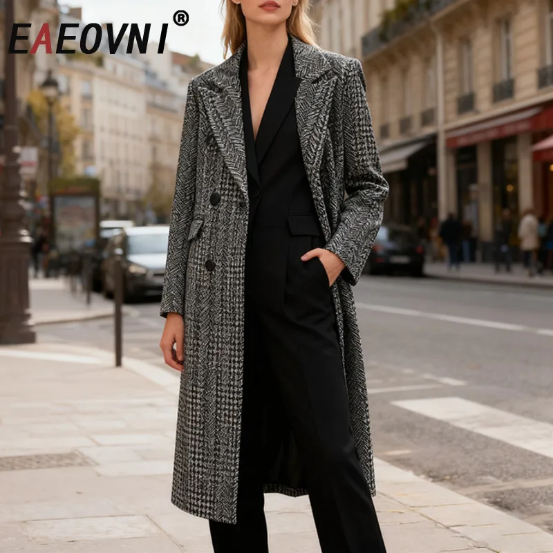 

EAEOVNI винтажное осенне-зимнее новое шерстяное длинное пальто в клетку, тонкая куртка с зубчатым воротником и пуговицами, модная одежда 2025 г.