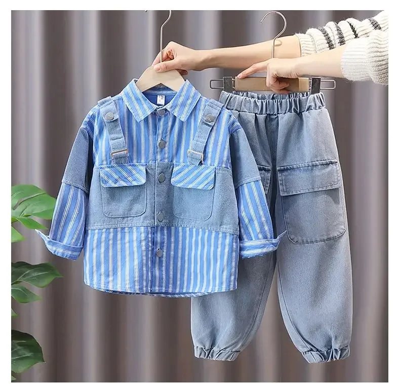 

New Children's Baby Clothing 2 3 5 7 8 9Y Spring and Autumn Kids Boys Clothes Set Striped Shirts Jeans Two-piece