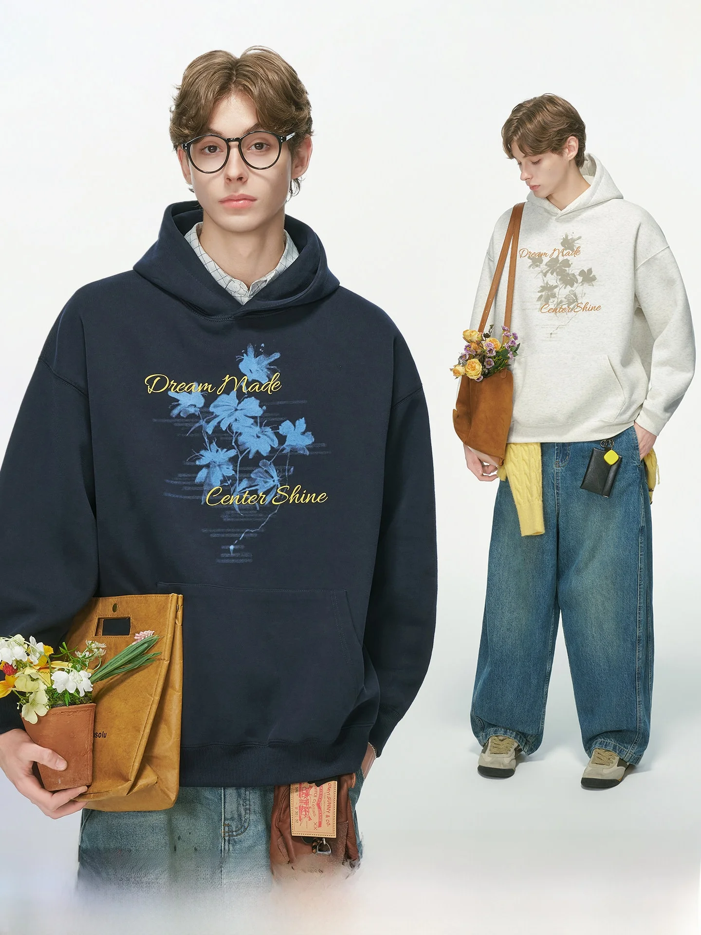 Dream Made American Style Unreal Ink Floral Hoodie Men's Heavyweight Autumn Jacket Loose Fit Long Sleeve Printed Sweatshirt