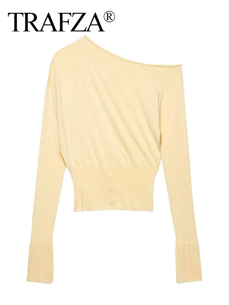 

TRAFZA Women's Autumn Casual Simple Knitted Pullover Solid Long-sleeved Side Shoulder One-length Neck Slit Fashion Sweater Tops