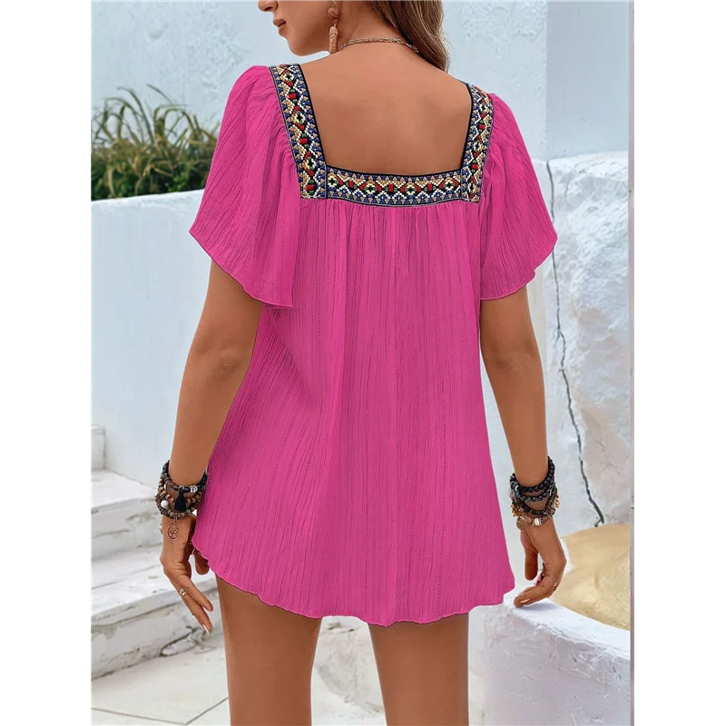 【Party-Decoration】Mexican Shirts For Women Boho Embroidered Short Butterfly Sleeve Square Neck Loose Blouses Tees