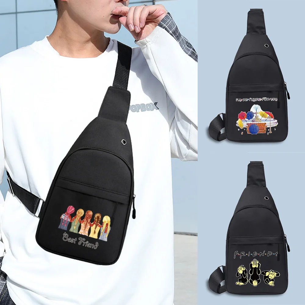 Canvas Chest Pack for Men Shoulder Bag with USB Charging Port Male Anti Theft Sports Chest Bags Messenger Bags Friends Series