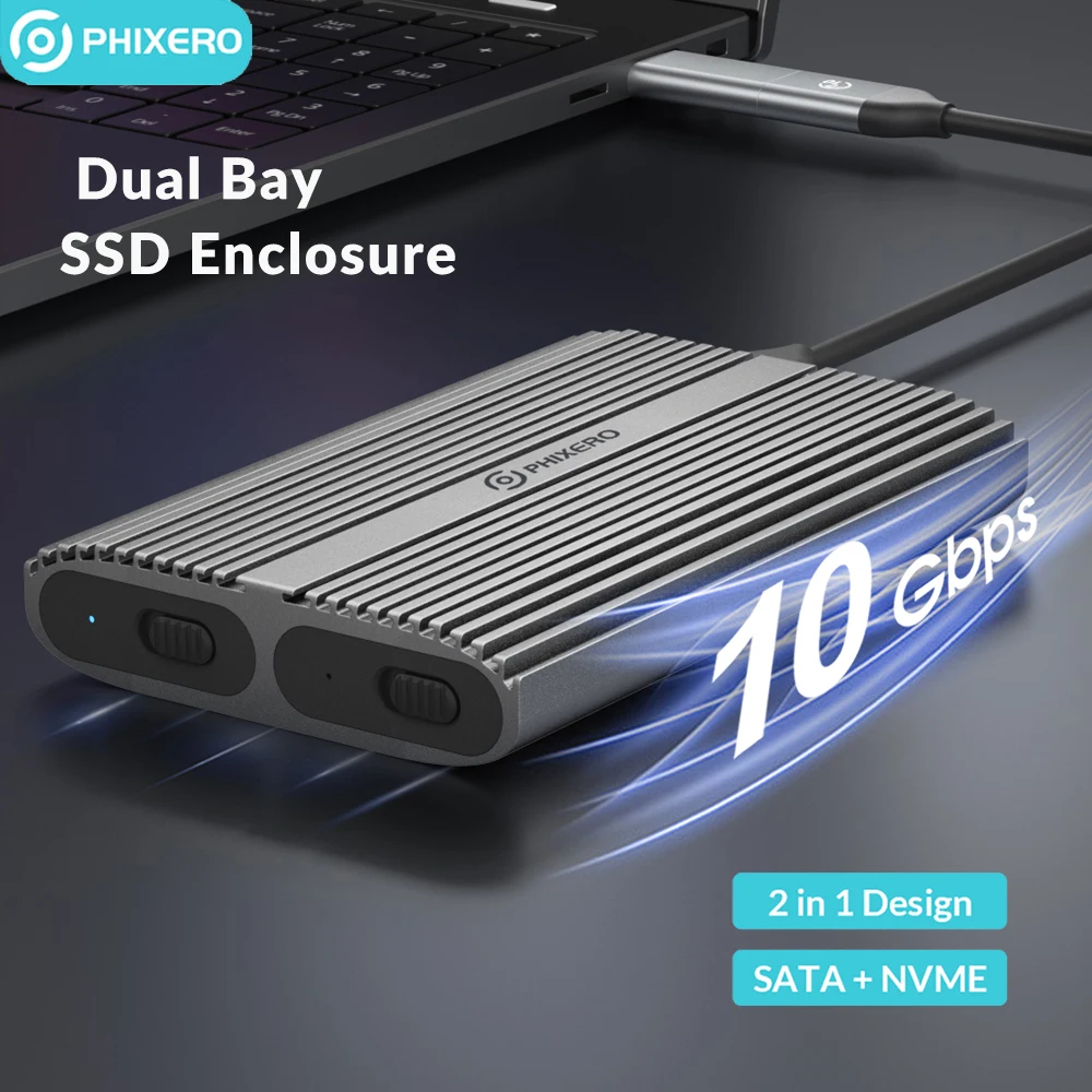 PHIXERO 10Gbps tool Free Dual Bay M.2 NVMe 2bay SSD Enclosure 10Gbps Blazing Speed Thunderbolt 3 Compatible for Windows Mac