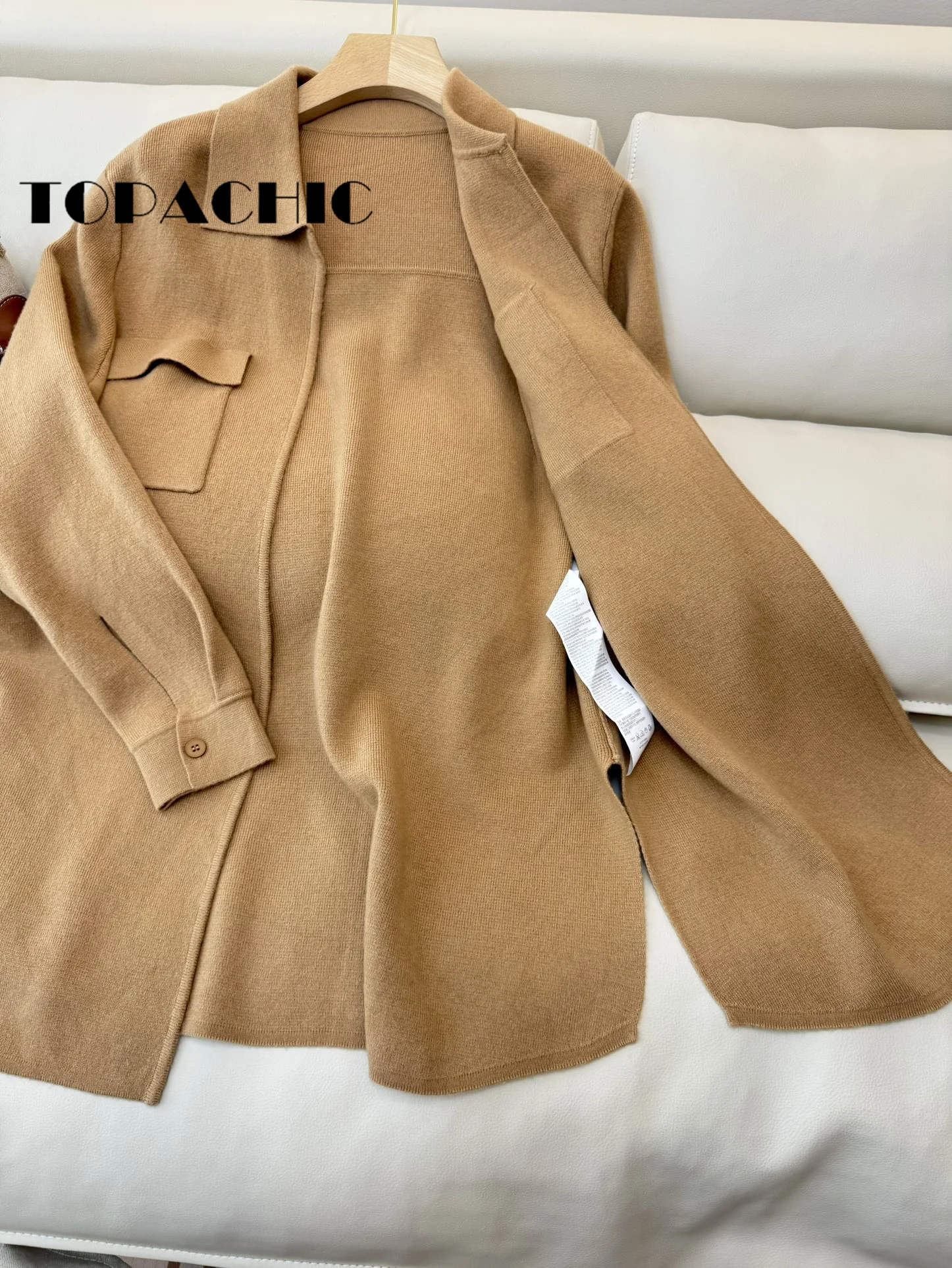 9.4 TOPACHIC Women Embroidery Letter Wool Knit Soft Comfortable Cardigan Elegant Lapel Pocket Loose Casual Long Knit Coat