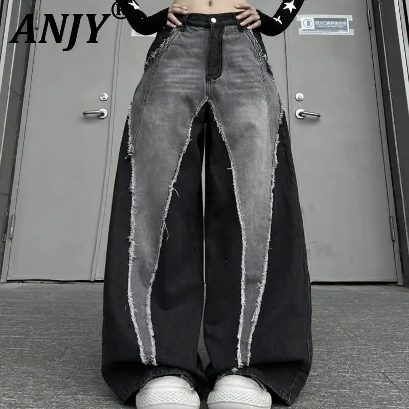 

ANJY Spring Autumn New Women American Style Spliced Design Frayed Loose Jeans Chic Distressed Wide Leg Casual Denim Pants A22932