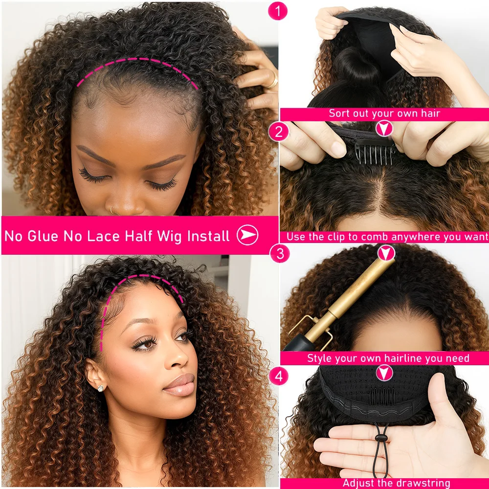 TB4 Marrone Evidenzia anni '70 Bouncy Soffici Soffio Afro Ricci Crespi Ricci Mezza Parrucca Capelli Umani Fatta a Macchina 3/4 Mezze Parrucche con Coulisse