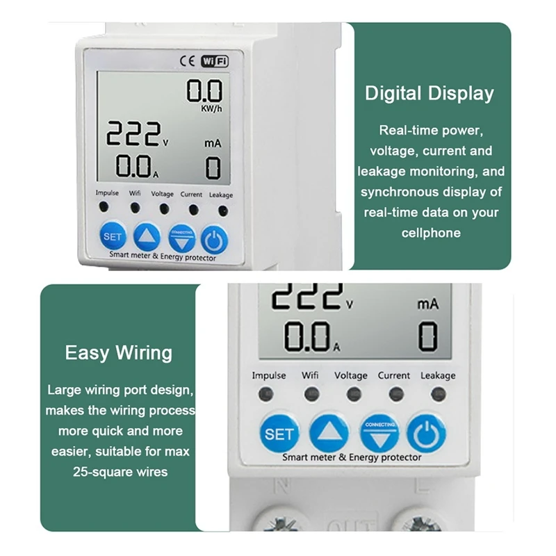 Interruptor inteligente de proteção contra vazamento, 2p tuya wifi 63a, monitoramento de tensão de corrente, disjuntor, temporizador, medidor de energia durável