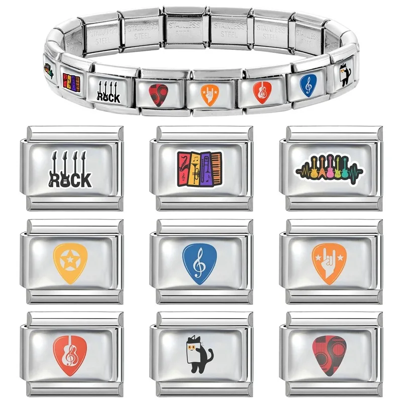 New Design Reading Newspaper Cute Cat Guitar Rock Music Italian Charm Links Fit 9MM Stainless Steel Bracelet Jewelry DIY Making