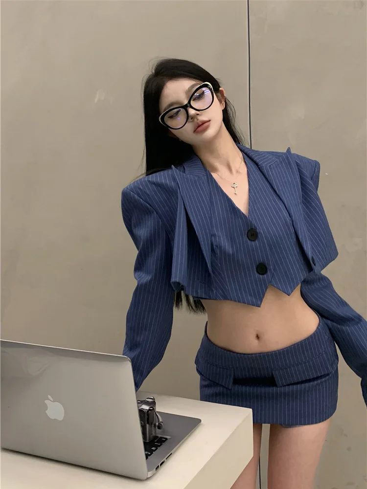 Autumn Striped Retro 3 Piece Set Women Preppy Style Sexy Elegant Mini Skirt Suit Female Long Sleeve Korean Style Casual Set 2023