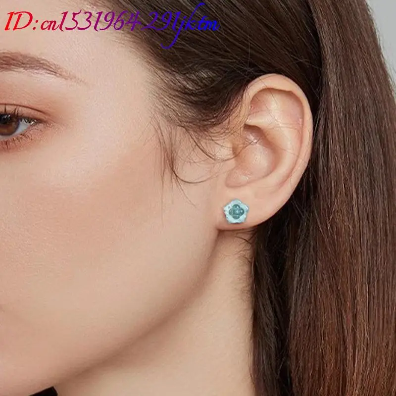 Blue Burmese Jadeite Flower Earrings 925 Silver Fashion Accessories Ear Stud Charm Jewelry Natural Burmese Jade Amulet 4