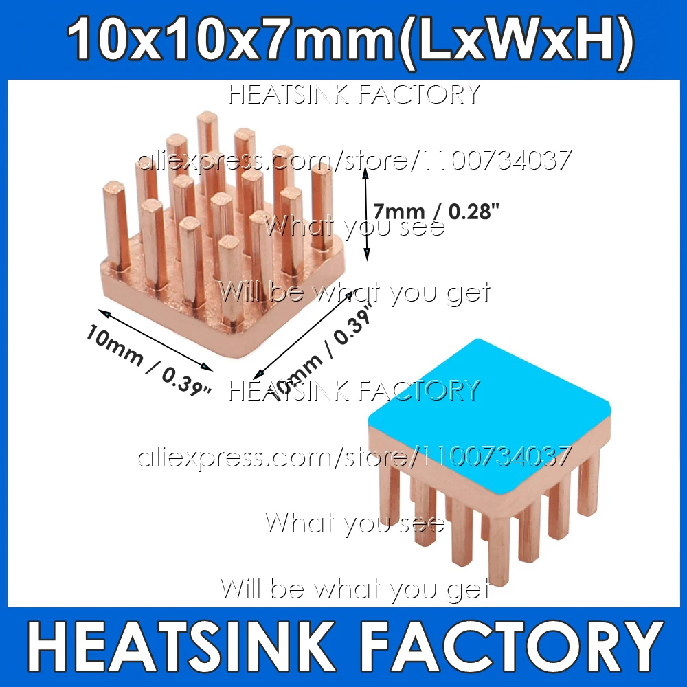 

10x10x7mm Copper Square Heat Sinks with Thermal Self Adhesive Tape Heatsink for Raspberry Pi VGA RAM Cooling