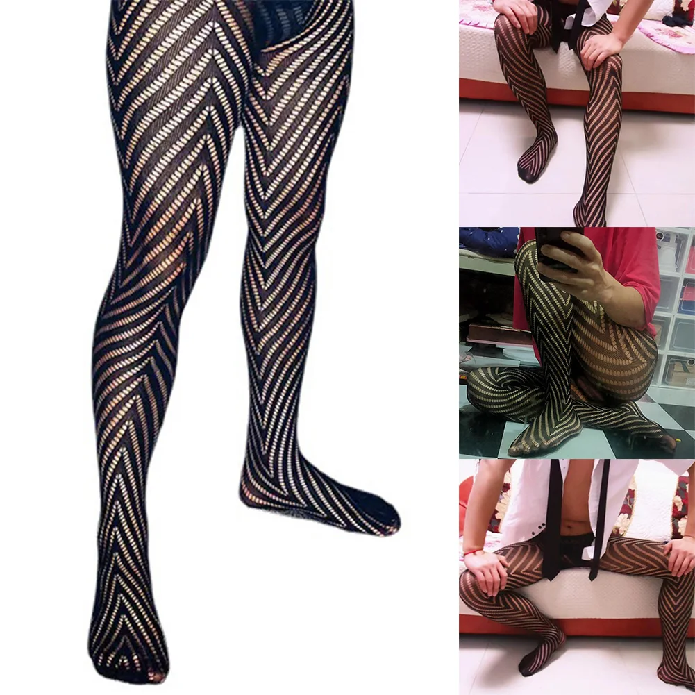 Sexy Men Sissy Pantyhose Lace Fishnet Body Stockings Transparent Hollow Out Tights Pants Ultra-thin Sheer Mesh Erotic Wear