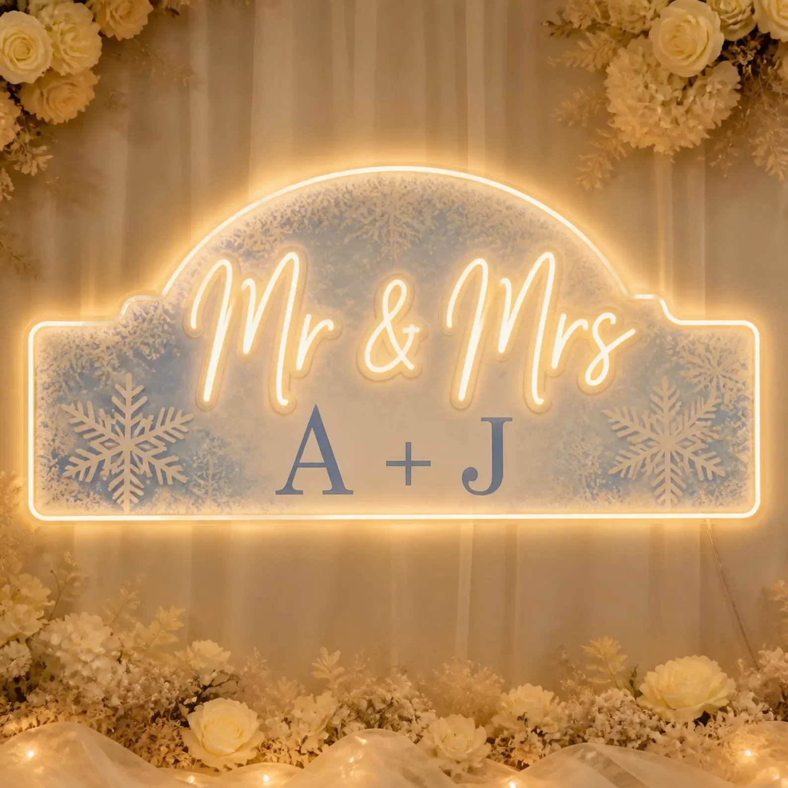 Winter Wedding Neon Sign,Custom Mr and Mrs Initials,Blue Snowflake Acrylic Backdrop For Sweetheart Table and Newlywed Home Decor