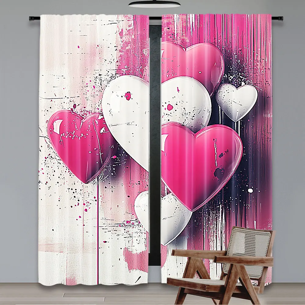 2Pcs Pink Curtain Futurist Love Concept Hearts With Faded Effect Lines Print Graffiti For Living Room Dining Room