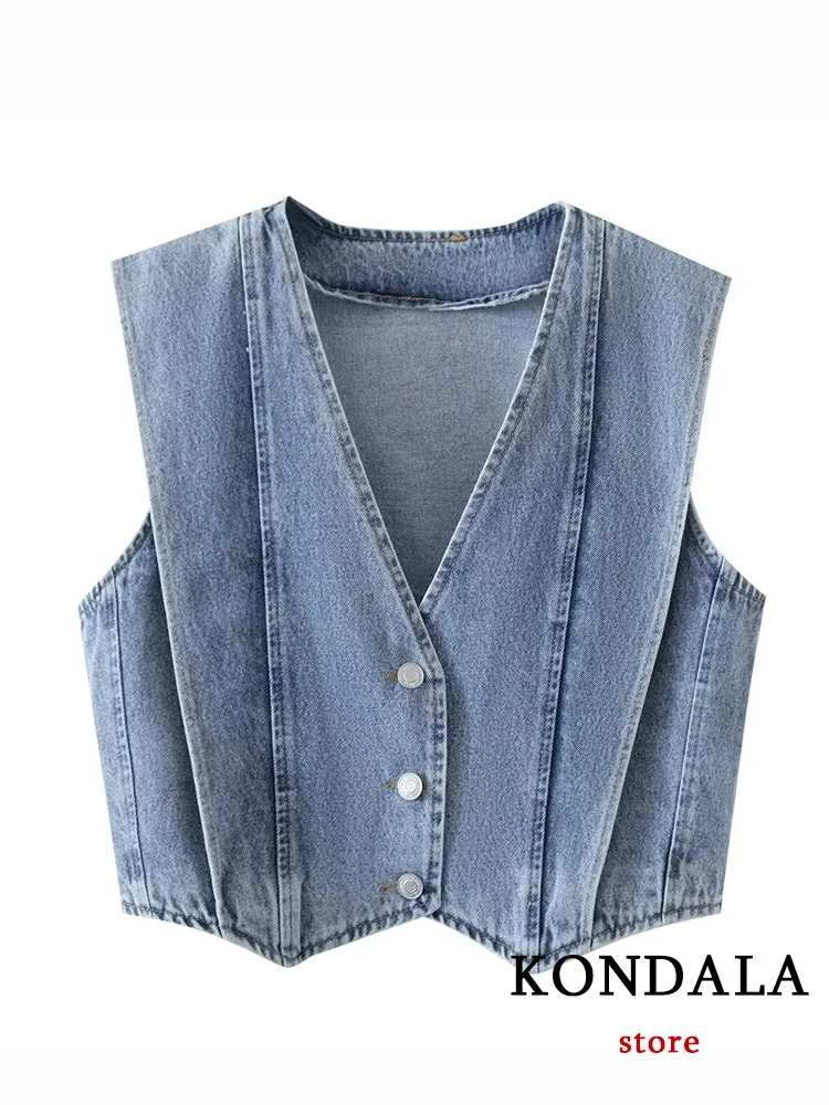 KONDALA Chic Denim Streetwear Fashion 2023 Summer V Neck Casual Women Slim Short Vest Y2K Sleeveless Button Cool V Neck Jacket